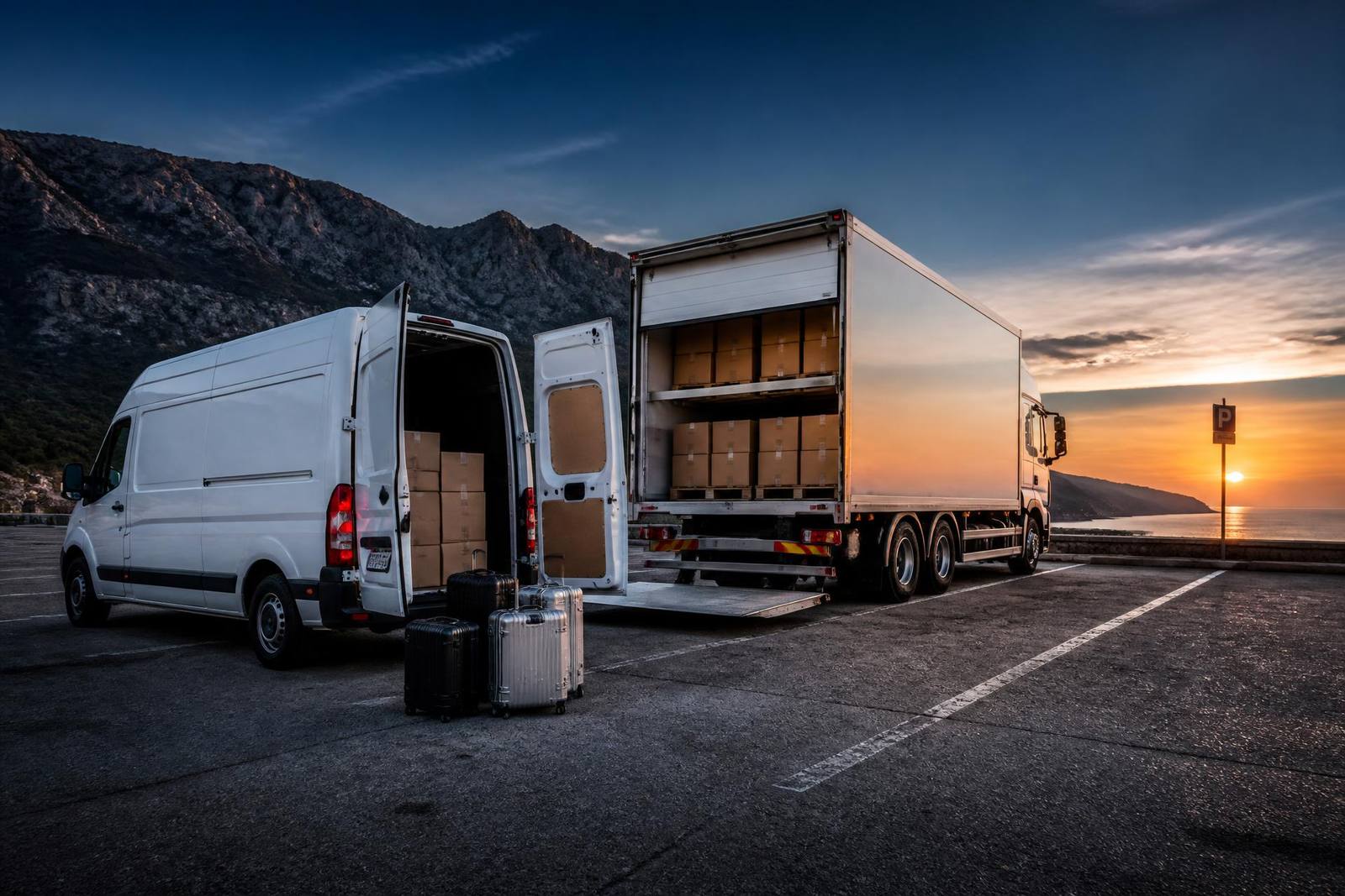 Transport van and lorry loaded with boxes and suitcases at dusk