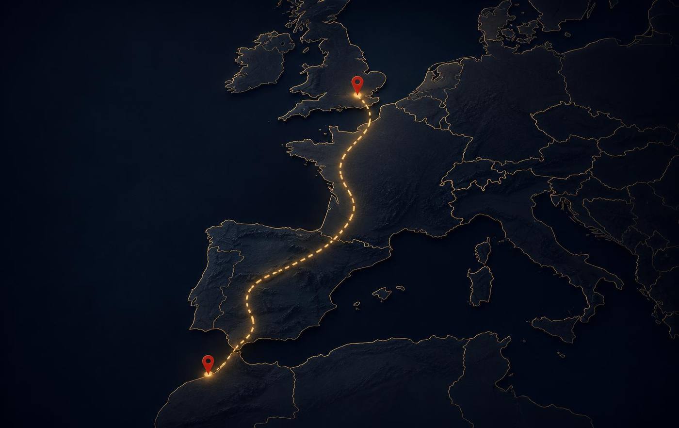 Map showing the transport route from the United Kingdom through Spain to Morocco
